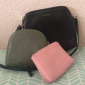 FURLA Extra Large Boheme Leather Crossbody Purse Pouch Set Black, Green, & Pink